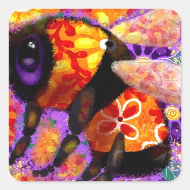 Whimsical Bumble Bee Floral Orange Red Yellow Square Sticker (Front)