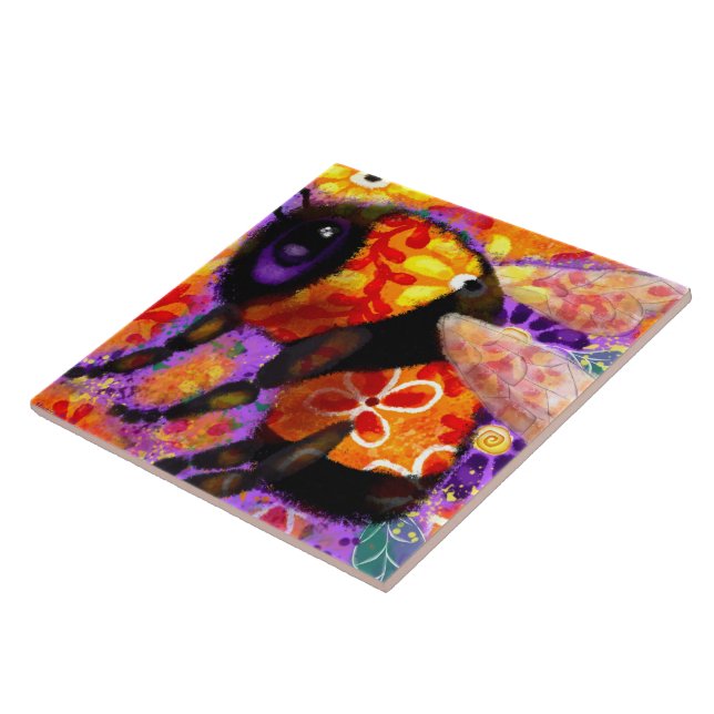 Whimsical Bumble Bee Floral Red Yellow Purple Tile (Side)