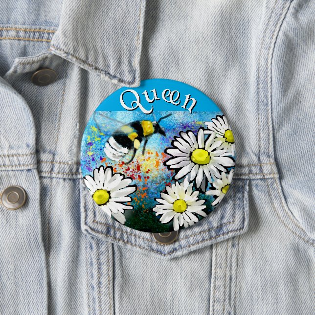 Whimsical Bumble Bee in Daisies Personalised 10 Cm Round Badge (In Situ)