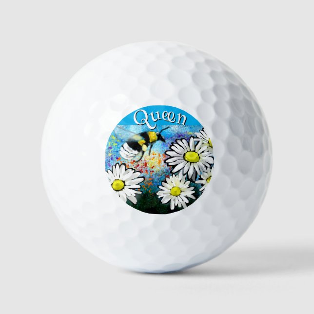 Whimsical Bumble Bee in Daisies Personalised Golf Balls (Front)