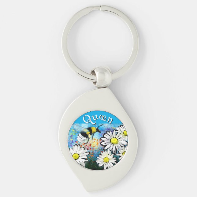 Whimsical Bumble Bee in Daisies Personalised Key Ring (Front)