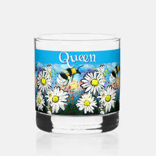 Whimsical Bumble Bee in Daisies Personalised Whiskey Glass