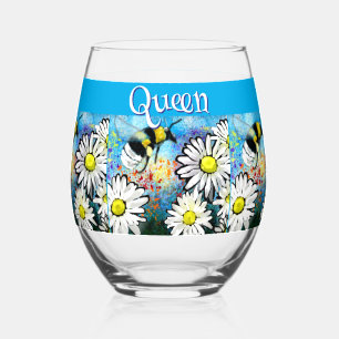 Whimsical Bumble Bee in Daisies Personalized Stemless Wine Glass