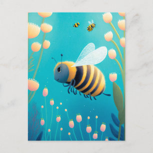 Whimsical Bumble Bees and Flowers Postcard