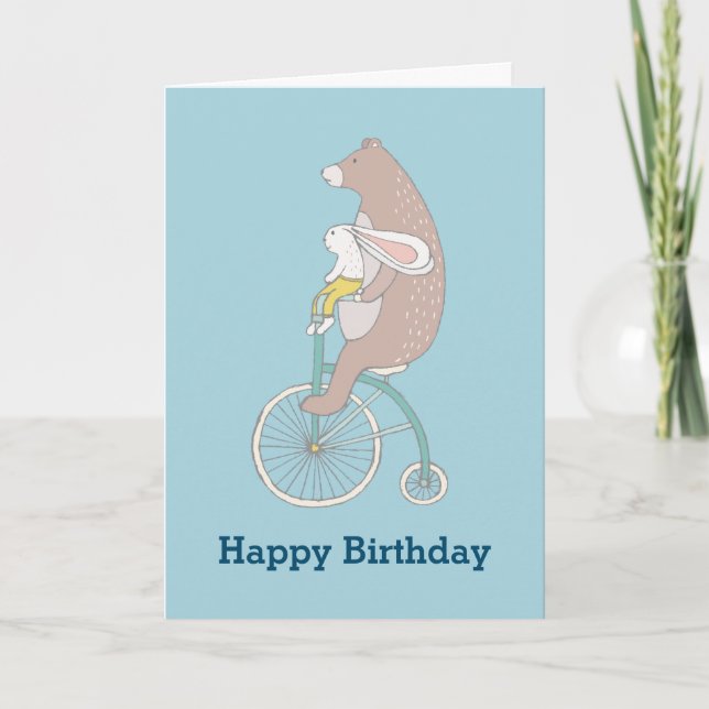 Whimsical Bunny and Bear Happy Birthday Card (Front)