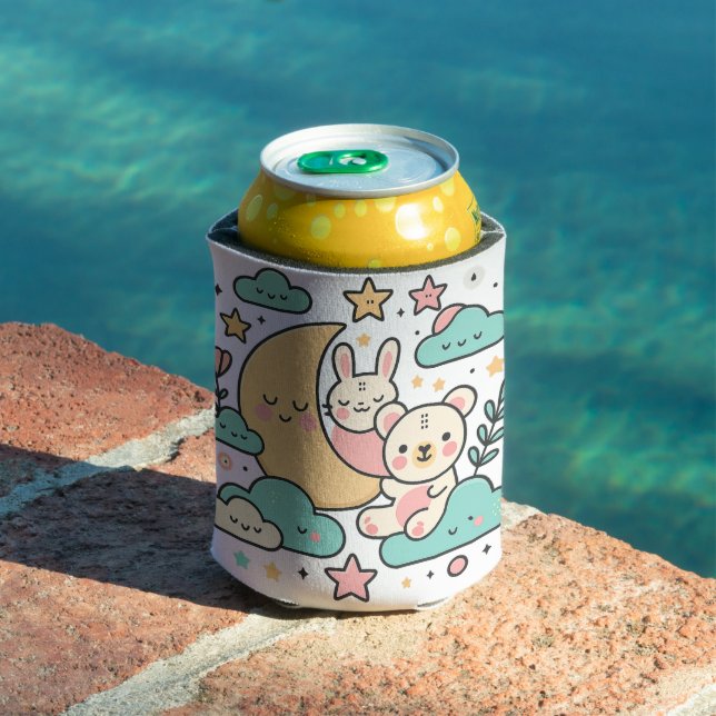 Whimsical Bunny and Bear Hugging Moon Can Cooler (In Situ Pool)