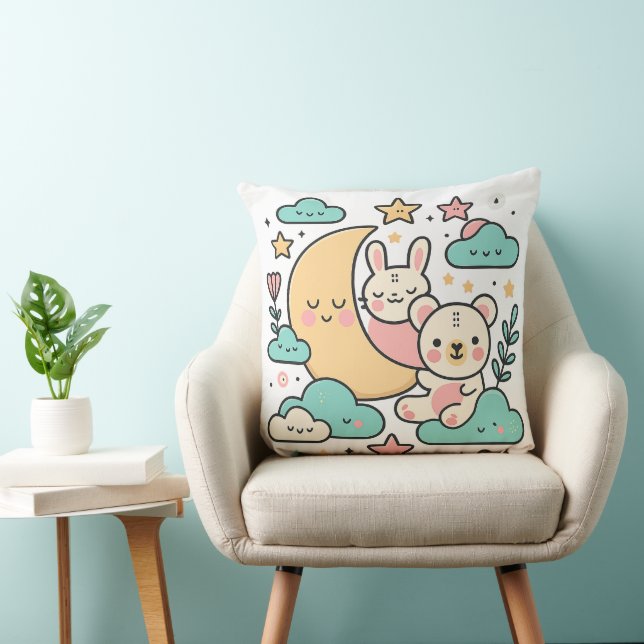  Whimsical Bunny and Bear Moon Decorative Pillow (Chair)
