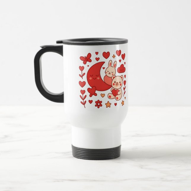 Whimsical Bunny and Bear Moon Heart Travel Mug (Left)