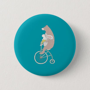 Whimsical Bunny and Bear Riding a Bike 6 Cm Round Badge