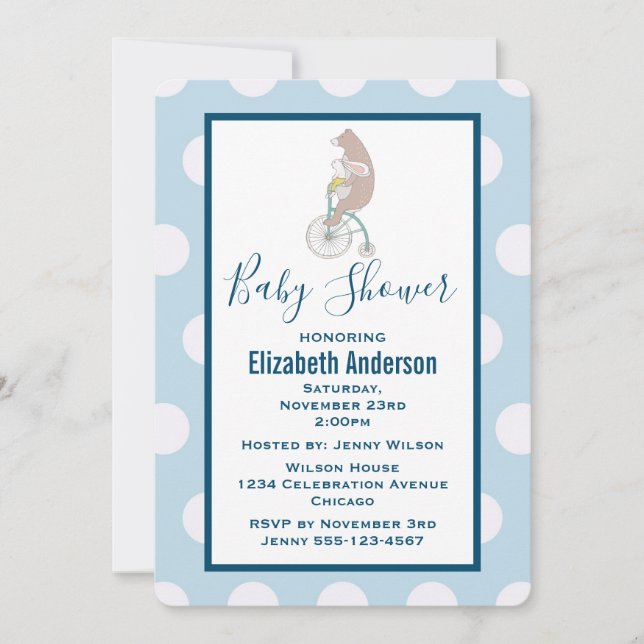 Whimsical Bunny and Bear Riding a Bike Baby Shower Invitation (Front)