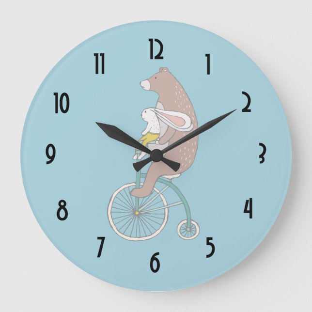 Whimsical Bunny and Bear Riding a Bike Large Clock (Front)