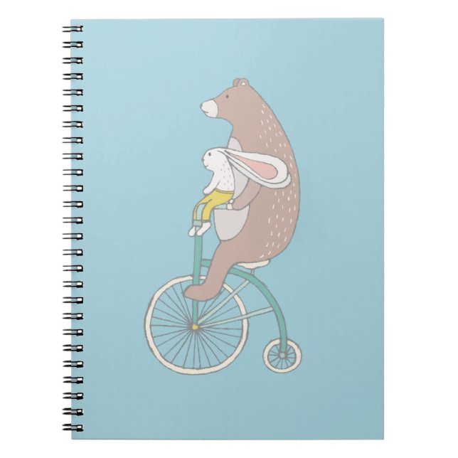 Whimsical Bunny and Bear Riding a Bike Spiral Notebook (Front)