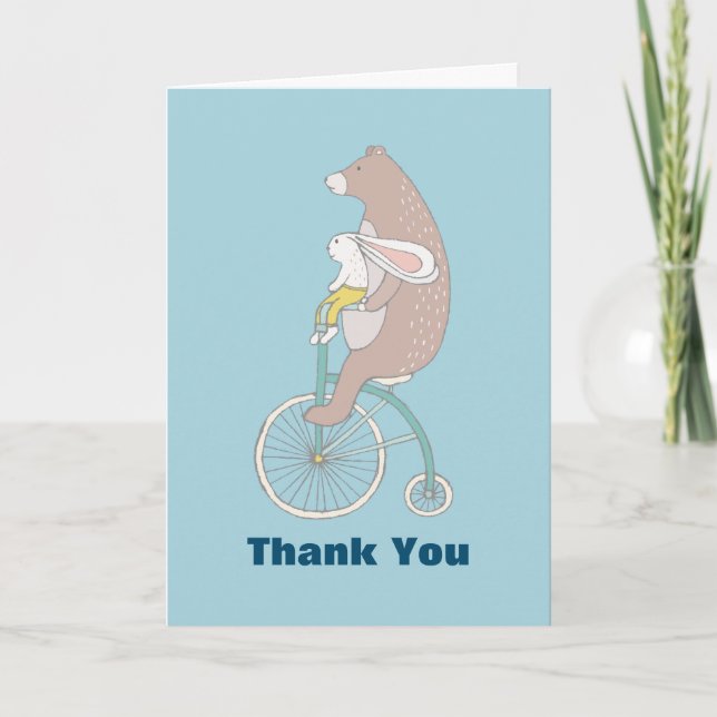 Whimsical Bunny and Bear Riding a Bike Thank You (Front)