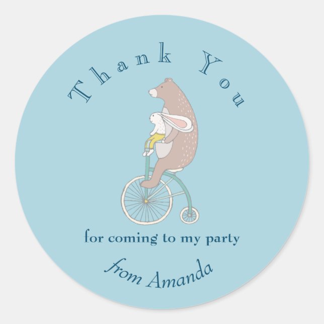 Whimsical Bunny and Bear Riding a Bike Thank You Classic Round Sticker (Front)