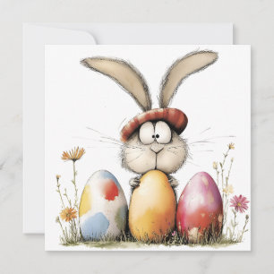 Whimsical Bunny and Decorated Eggs Easter Greeting Card