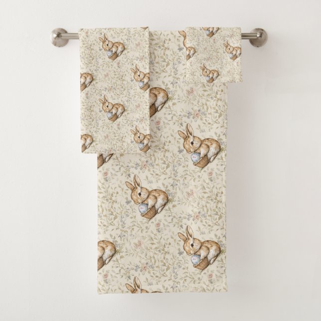 Whimsical Bunny and Easter Egg Pattern Bath Towel Set (Insitu)