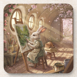 Whimsical Bunny Artist Painting on Easel Coaster