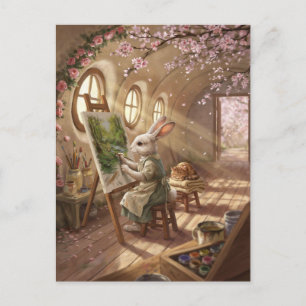 Whimsical Bunny Artist Painting on Easel Holiday Postcard