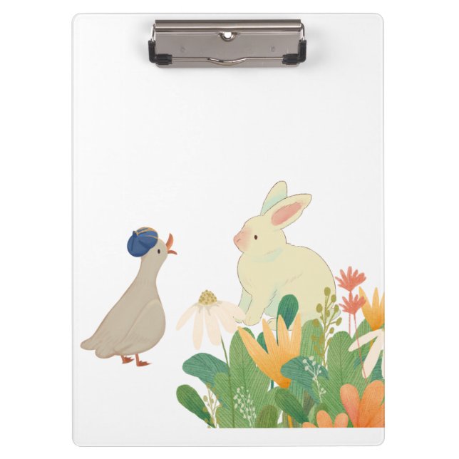 Whimsical Bunny & Bird in Bloom – Cute Spring Fore Clipboard (Front)