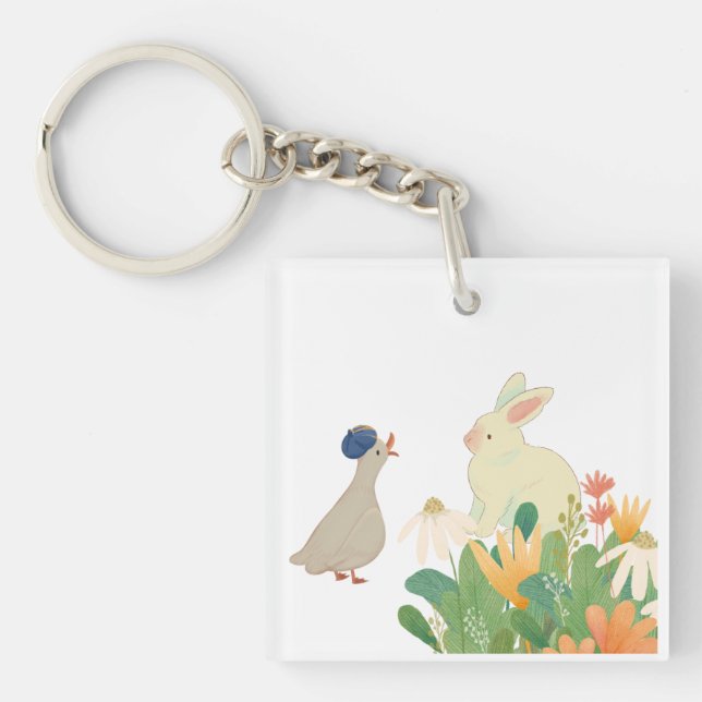 Whimsical Bunny & Bird in Bloom – Cute Spring Fore Key Ring (Front)