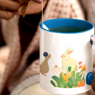 Whimsical Bunny & Bird in Bloom – Cute Spring Fore Large Coffee Mug