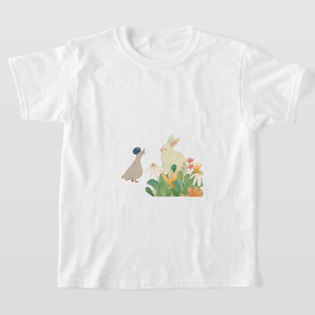 Whimsical Bunny & Bird in Bloom – Cute Spring Fore T-Shirt (Laydown)