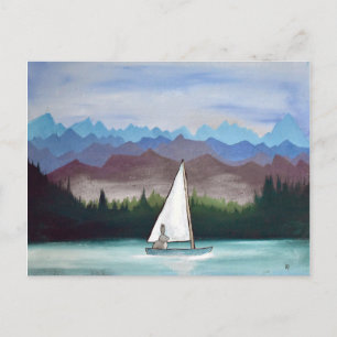 Whimsical Bunny Boat Mountains Woodland Artwork Postcard