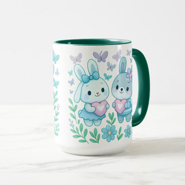 Whimsical Bunny Couple Ceramic Mug (Front Right)