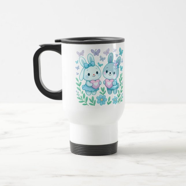 Whimsical Bunny Couple Travel Mug (Left)