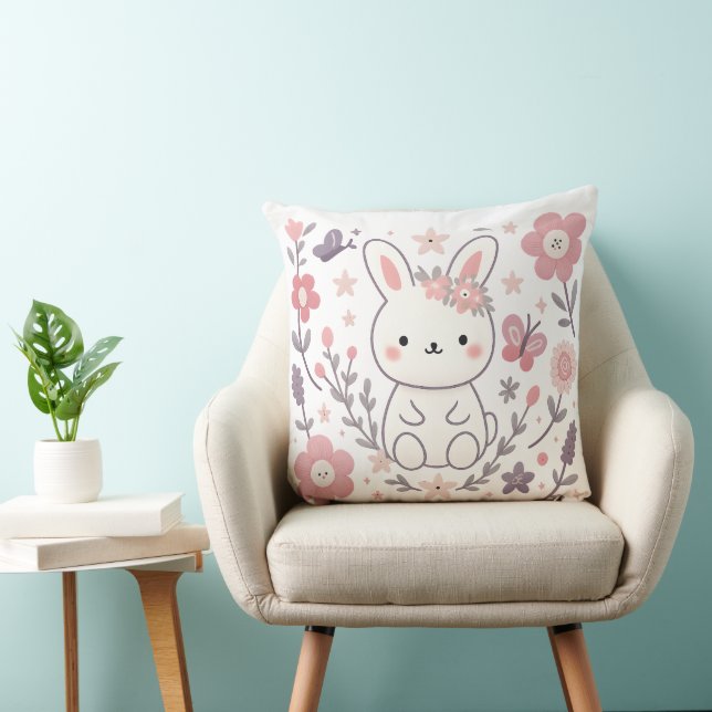    Whimsical Bunny Floral Decorative Pillow (Chair)