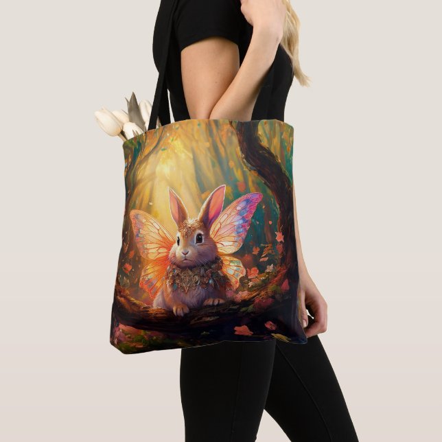 Whimsical bunny in an enchanted forest tote bag (Close Up)