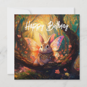 Whimsical bunny in enchanted forest Happy Birthday Card