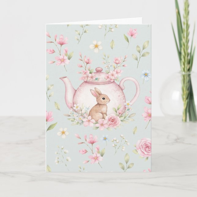 Whimsical Bunny Pink Teapot Floral Easter  Card (Front)
