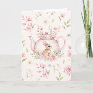 Whimsical Bunny Pink Teapot Floral Easter  Card