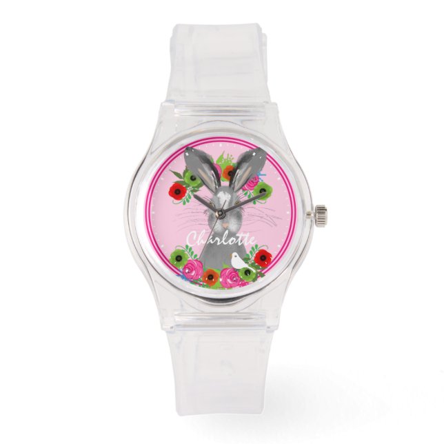 Whimsical Bunny Rabbit Cute Personalised Watch (Front)