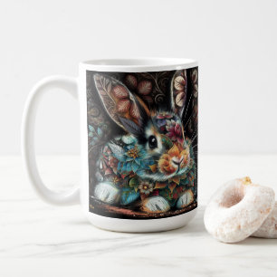 Whimsical Bunny Rabbit Floral Abstract Black Teal Coffee Mug