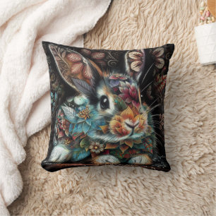 Whimsical Bunny Rabbit Floral Abstract Black Teal  Cushion