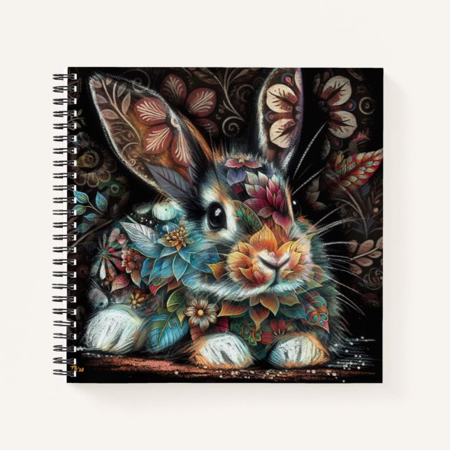 Whimsical Bunny Rabbit Floral Abstract Black Teal  Notebook (Front)
