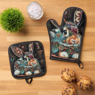 Whimsical Bunny Rabbit Floral Abstract Black Teal Oven Mitt & Pot Holder Set