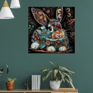 Whimsical Bunny Rabbit Floral Abstract Black Teal  Poster