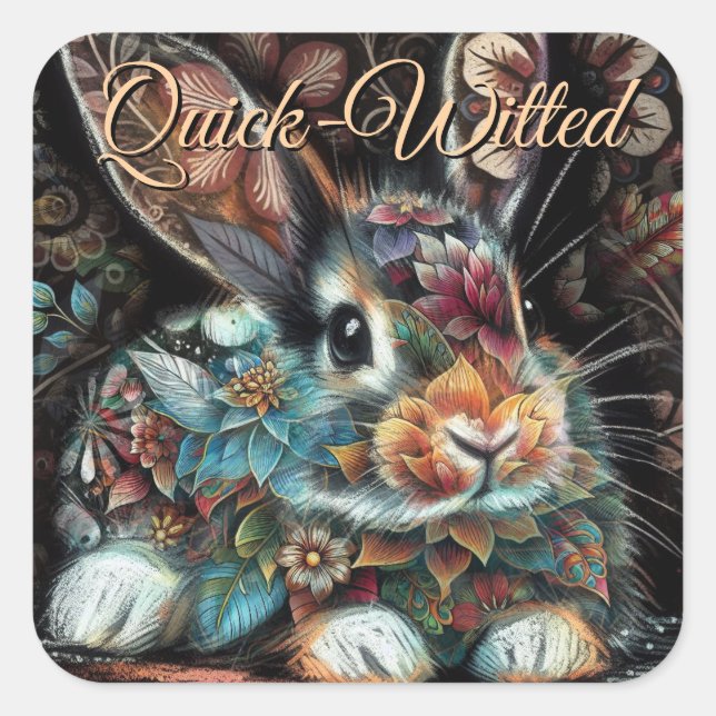 Whimsical Bunny Rabbit Floral Abstract Black Teal  Square Sticker (Front)