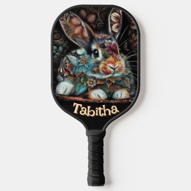Whimsical Bunny Rabbit Floral Personalised Pickleball Paddle (Front)