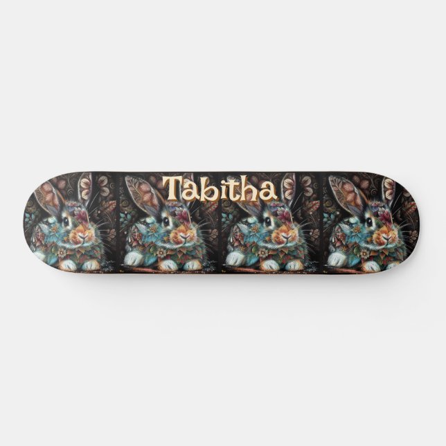 Whimsical Bunny Rabbit Floral Personalised Skateboard (Horz)