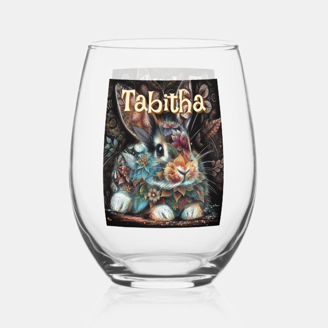 Whimsical Bunny Rabbit Floral Personalised Stemless Wine Glass (Front)