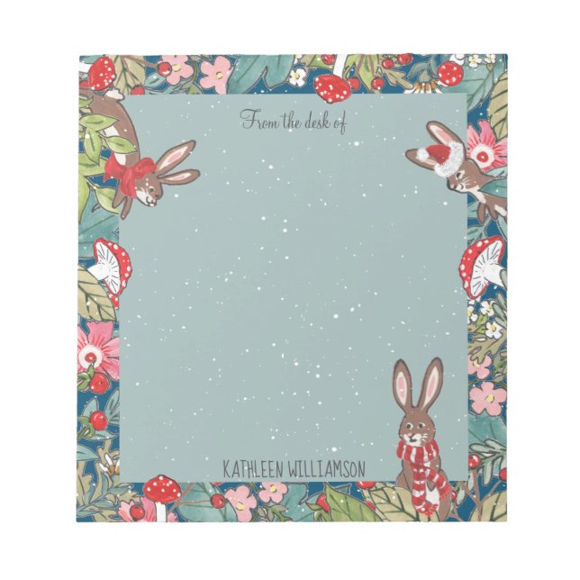 Whimsical Bunny Rabbit Mushroom Woodland Christmas Notepad (Front)
