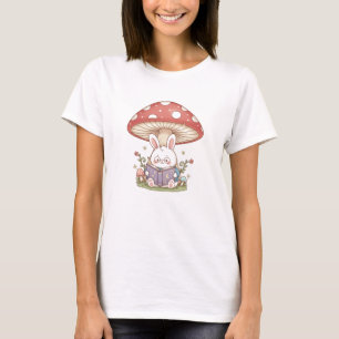 Whimsical Bunny Reading Mushroom - Enchanting Stor T-Shirt
