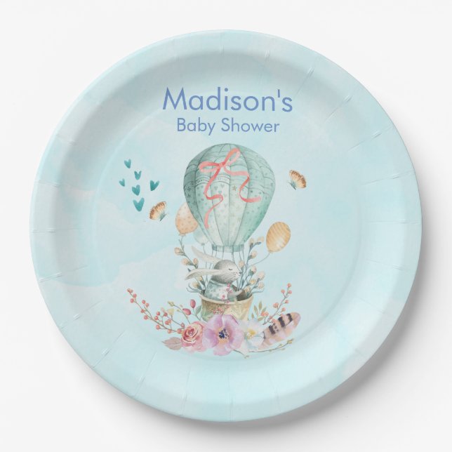 Whimsical Bunny Riding in a Balloon Baby Shower Paper Plate (Front)