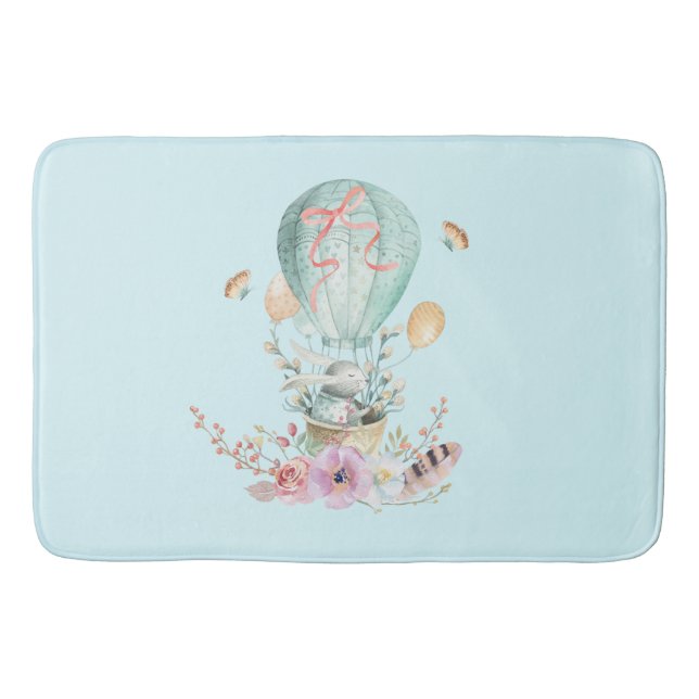 Whimsical Bunny Riding in a Hot Air Balloon Bath Mat (Front)
