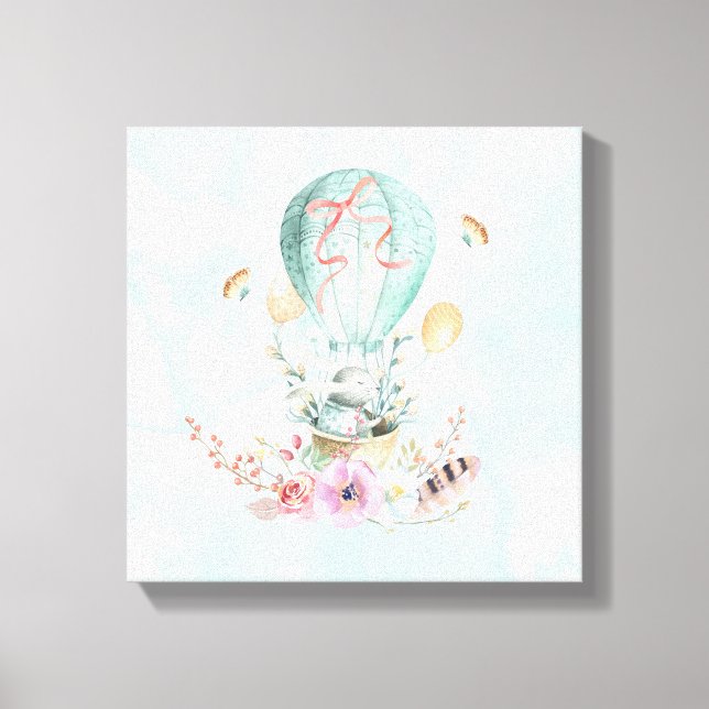 Whimsical Bunny Riding in a Hot Air Balloon Canvas Print (Front)
