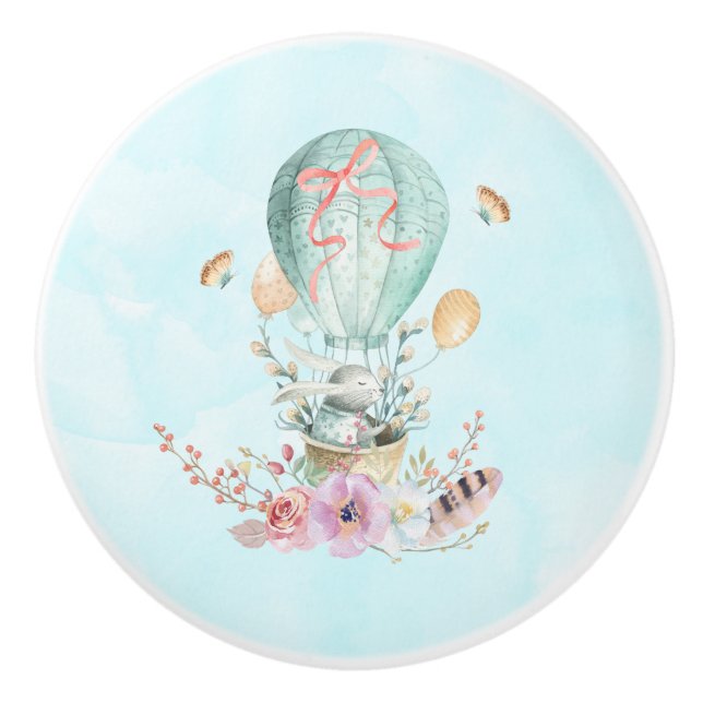 Whimsical Bunny Riding in a Hot Air Balloon Ceramic Knob (Front)